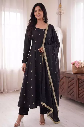 Black silk blend embroidered flared gown set