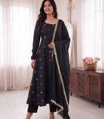 Black silk blend embroidered flared gown set
