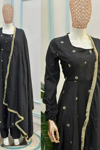 Black silk blend embroidered flared gown set