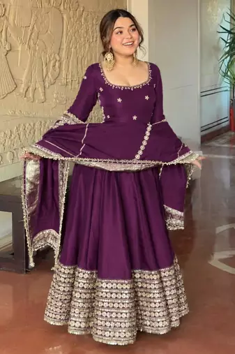 Purple silk blend embroidered flared gown set