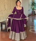 Purple silk blend embroidered flared gown set