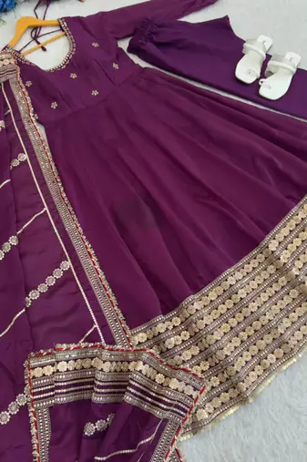Purple silk blend embroidered flared gown set