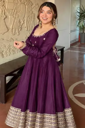Purple silk blend embroidered flared gown set
