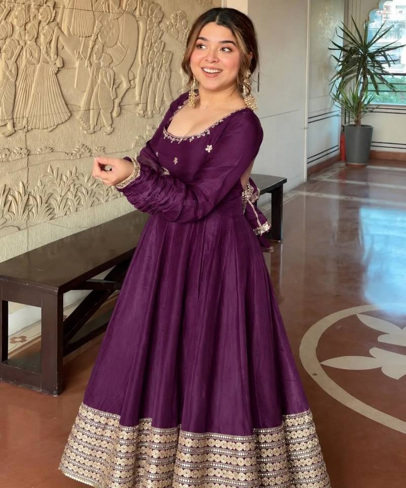 Purple silk blend embroidered flared gown set