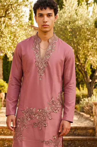 Peach green lachka kurta pant set with embroidery and sequence work