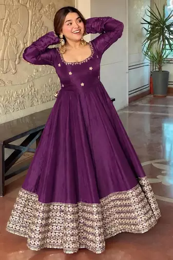 Purple silk blend embroidered flared gown set