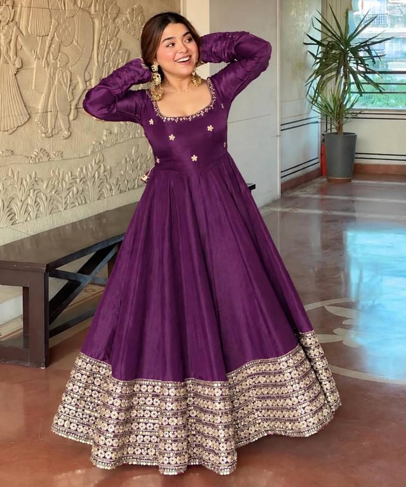 Purple silk blend embroidered flared gown set