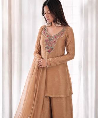 Brown silk blend embroidered palazzo set 1