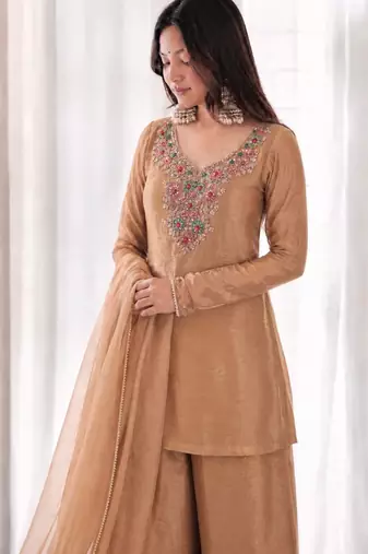 Brown silk blend embroidered palazzo set