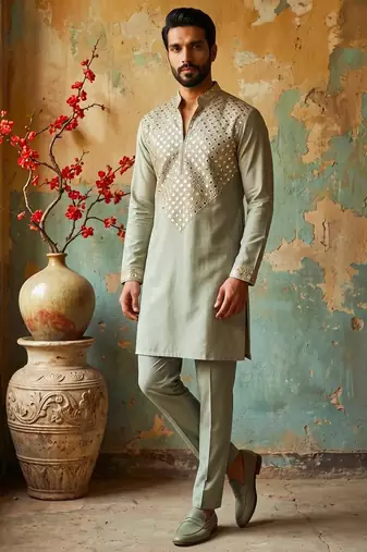 Light green lachka kurta pant set with embroidery and mirror work