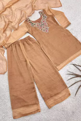 Brown silk blend embroidered palazzo set