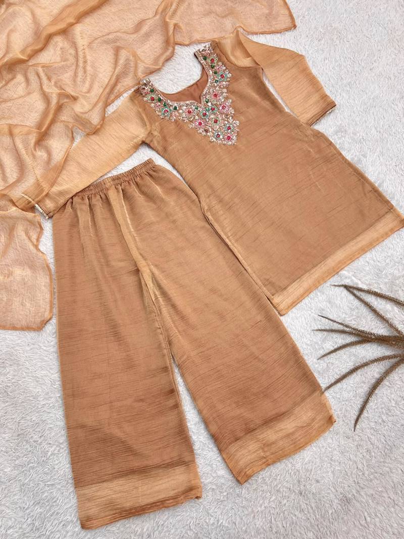 Brown silk blend embroidered palazzo set