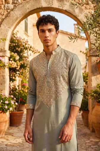 Light green lachka kurta pant set with embroidery and mirror work