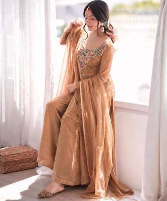Brown silk blend embroidered palazzo set 3