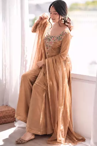 Brown silk blend embroidered palazzo set
