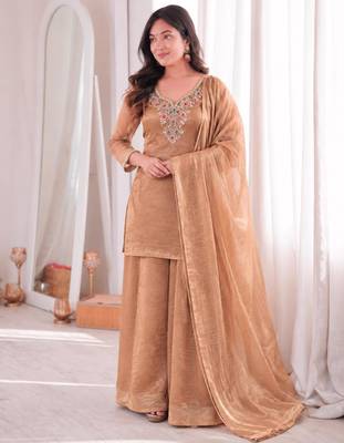 Brown silk blend embroidered palazzo set 4