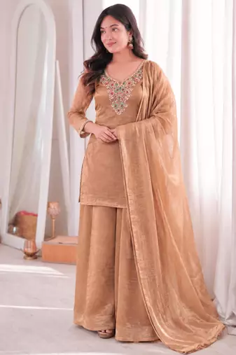 Brown silk blend embroidered palazzo set