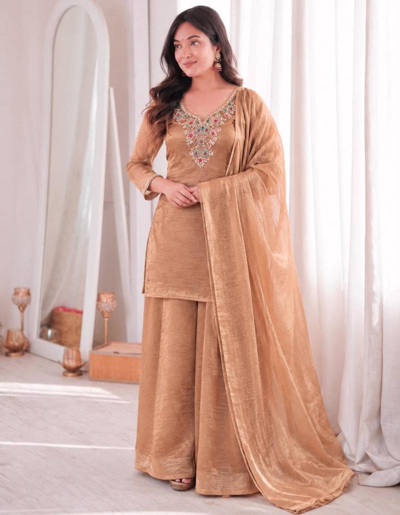 Brown silk blend embroidered palazzo set