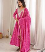 Pink rayon embroidered flared gown set