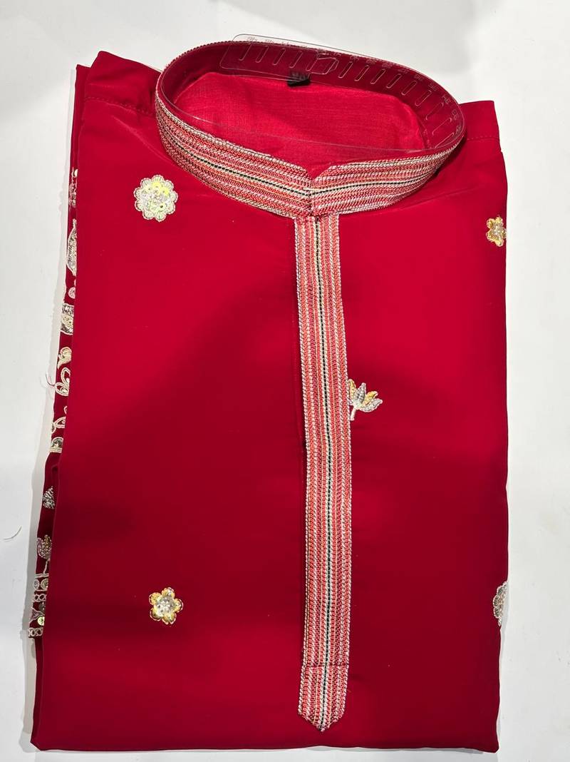 Rani green cotton kurta pant set with embroidery, sequence and hand work
