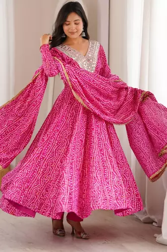Pink rayon embroidered flared gown set