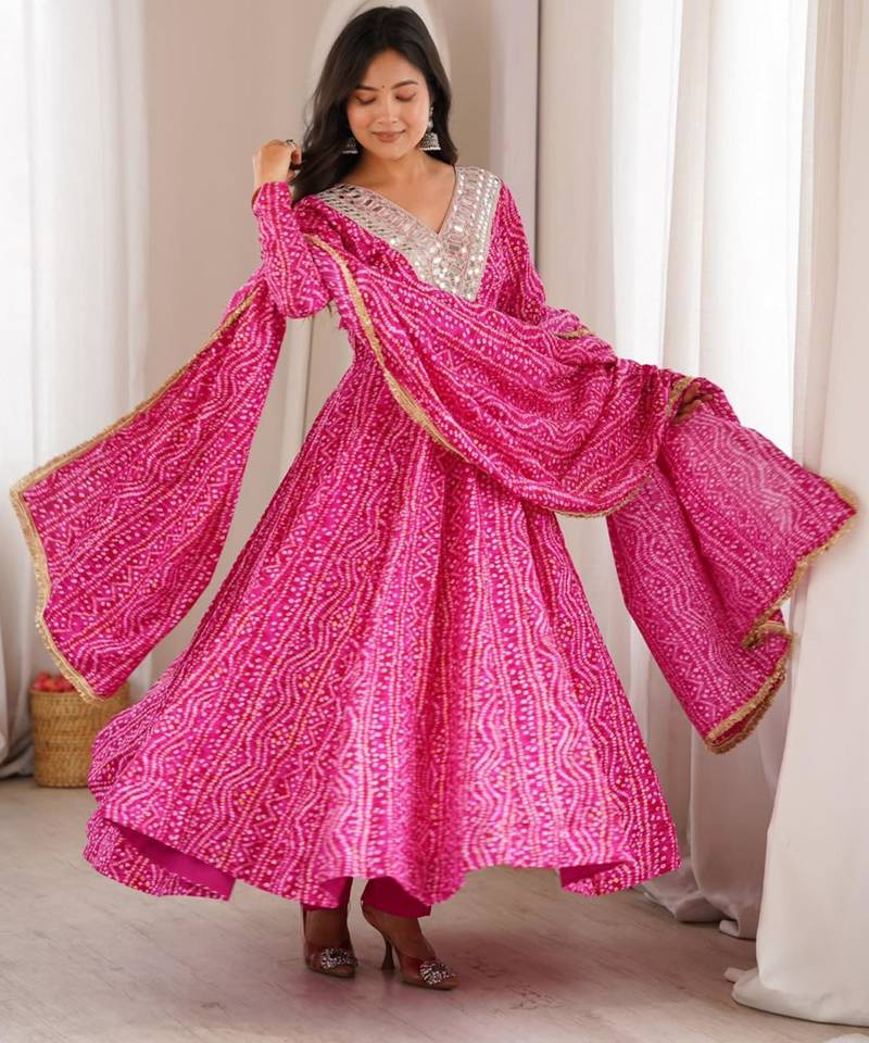Pink rayon embroidered flared gown set