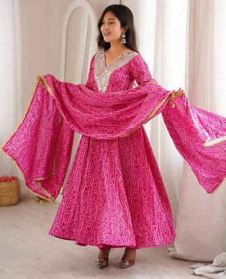 Pink rayon embroidered flared gown set 4