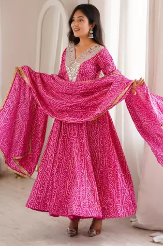 Pink rayon embroidered flared gown set