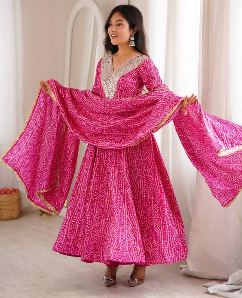Pink rayon embroidered flared gown set