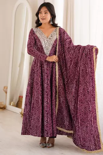 Wine rayon embroidered flared gown set