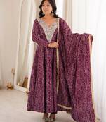 Wine rayon embroidered flared gown set