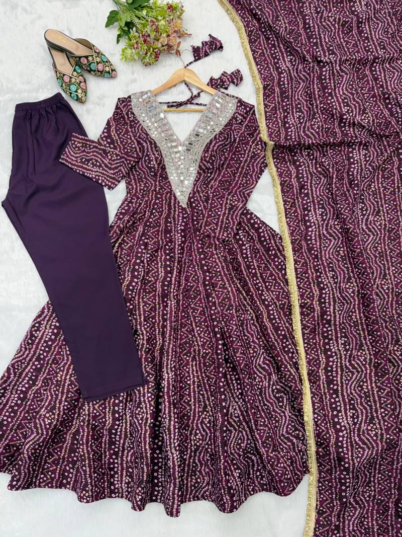 Wine rayon embroidered flared gown set