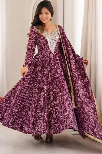 Wine rayon embroidered flared gown set