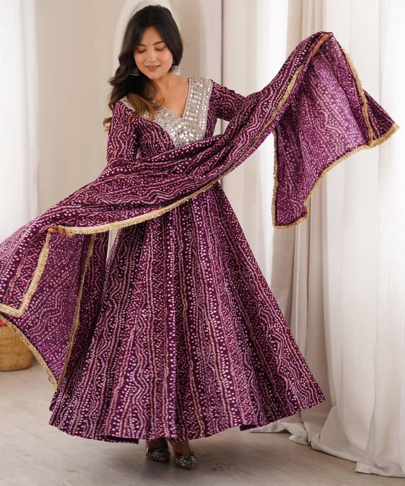 Wine rayon embroidered flared gown set