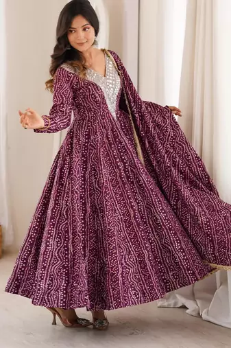 Wine rayon embroidered flared gown set