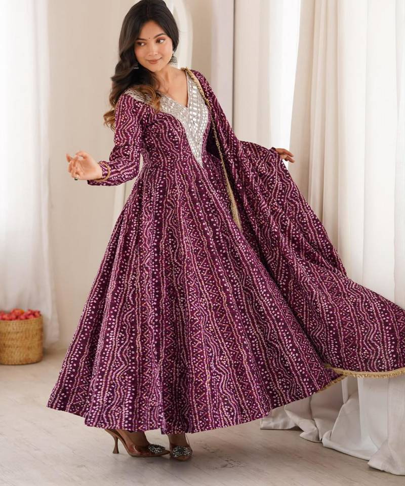 Wine rayon embroidered flared gown set