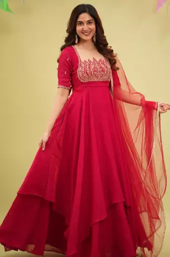 Red silk blend embroidered flared gown set