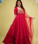 Red silk blend embroidered flared gown set