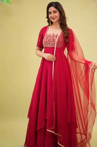 Red silk blend embroidered flared gown set