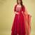 Red silk blend embroidered flared gown set