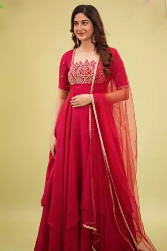 Red silk blend embroidered flared gown set