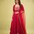 Red silk blend embroidered flared gown set