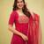 Red silk blend embroidered flared gown set