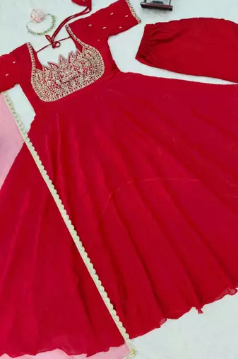 Red silk blend embroidered flared gown set
