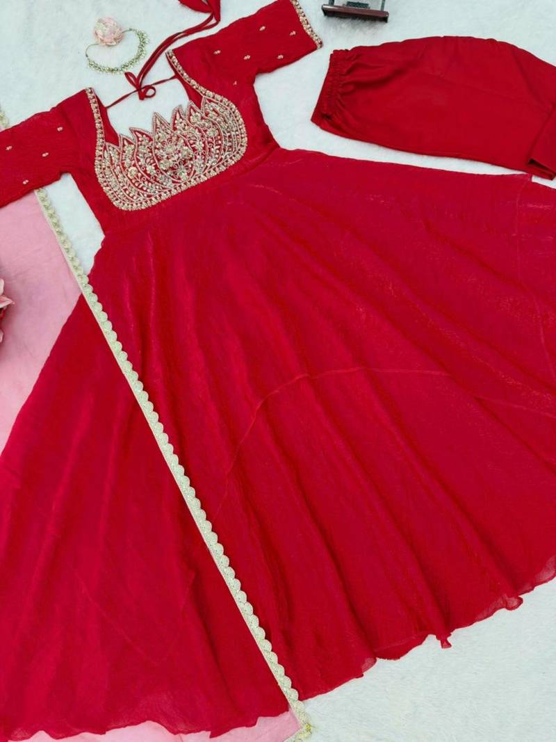 Red silk blend embroidered flared gown set