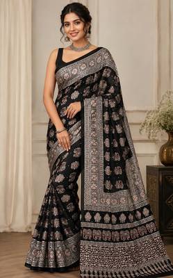 Black color  real mirror elephant prints premium satin saree with un-stitched blouse 1
