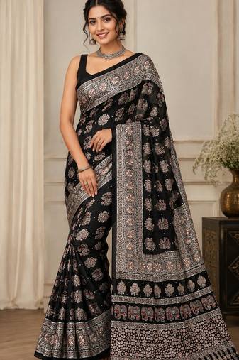 Black color  real mirror elephant prints premium satin saree with un-stitched blouse