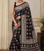Black color  real mirror elephant prints premium satin saree with un-stitched blouse