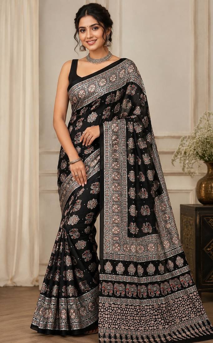 Black color  real mirror elephant prints premium satin saree with un-stitched blouse