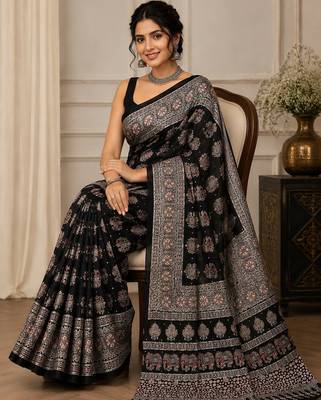 Black color  real mirror elephant prints premium satin saree with un-stitched blouse 2